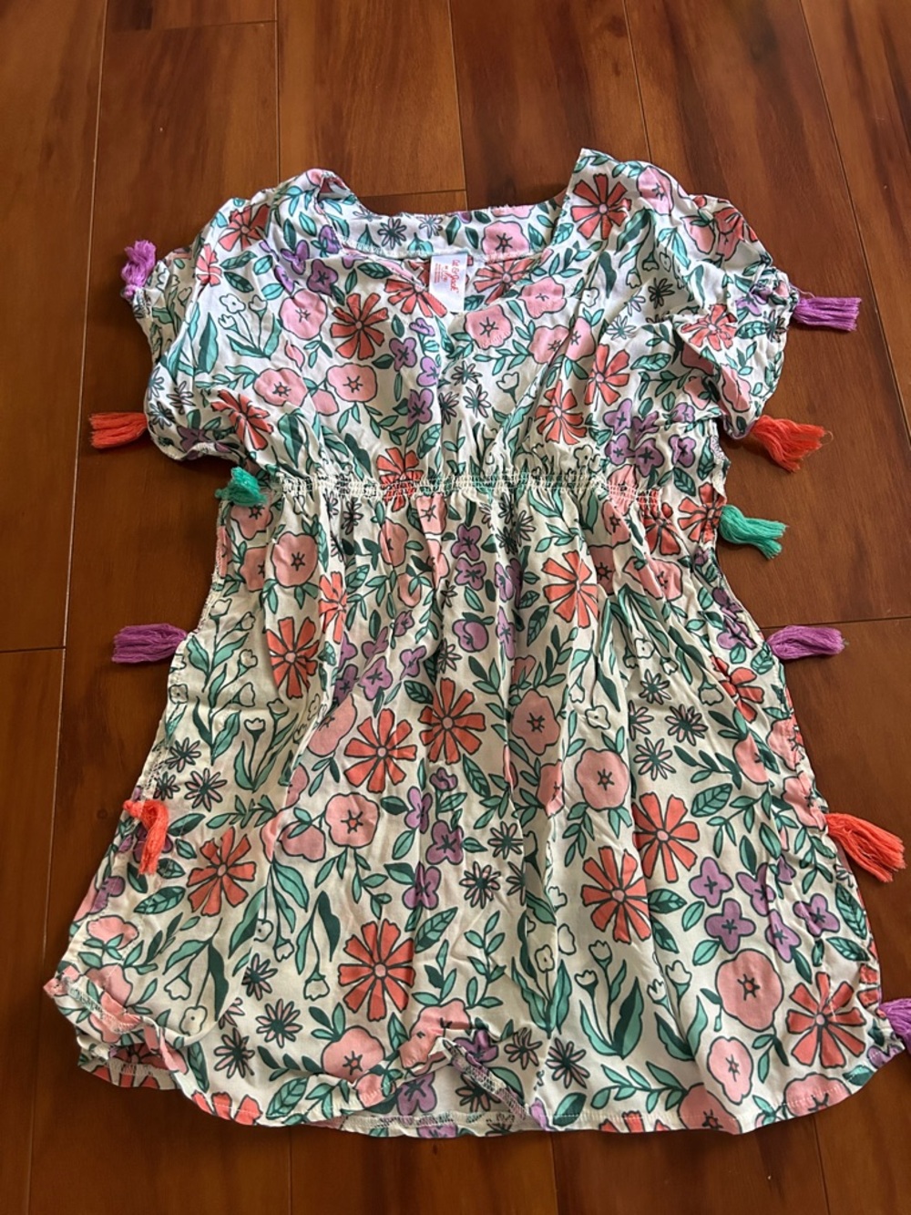 Girls Floral Tassel Tunic Swim Coverup - Multi Pink